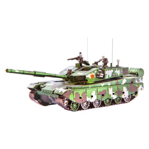 Detailed metal model of a military tank in green camouflage.