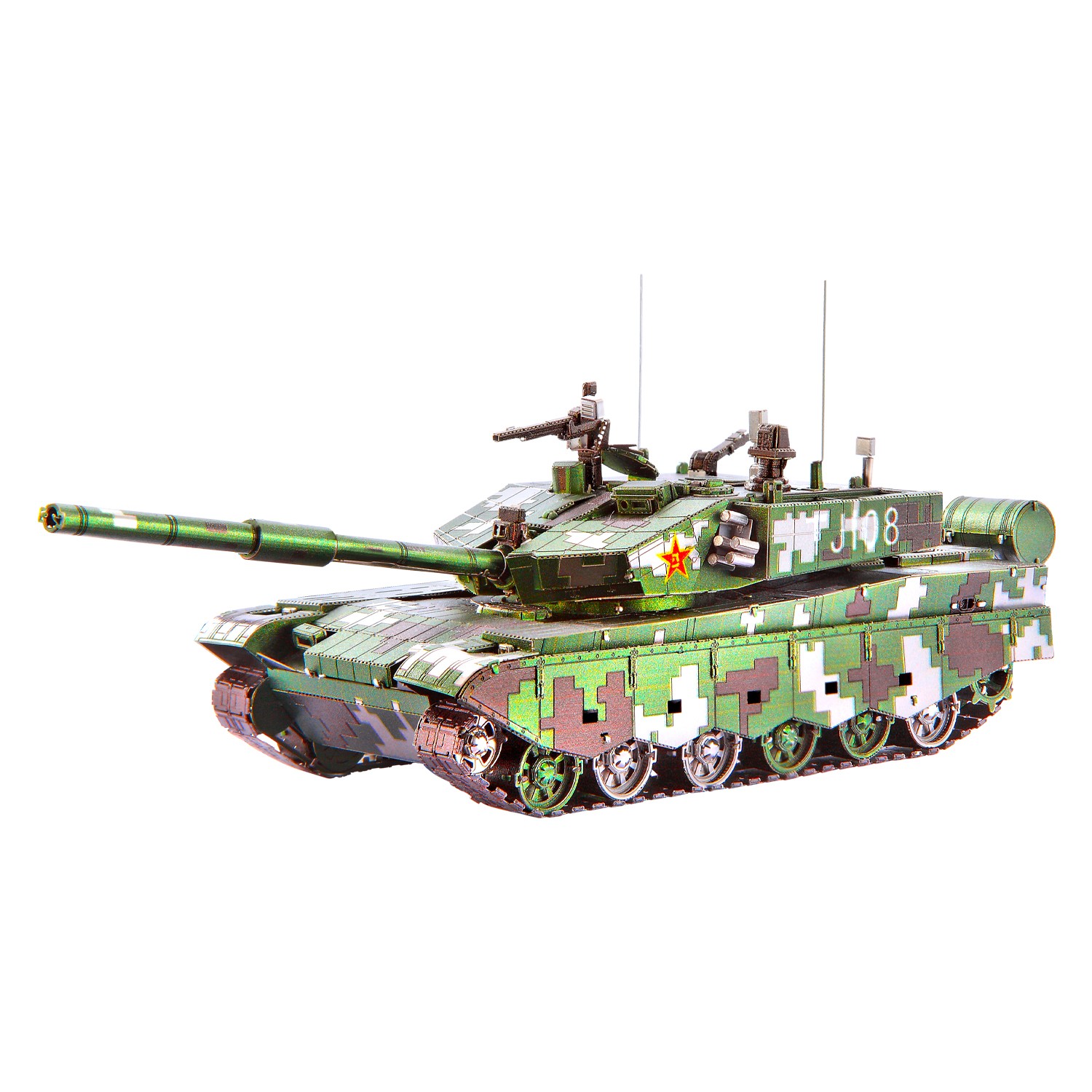 Detailed metal model of a military tank in green camouflage.