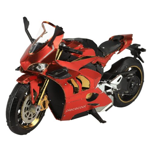 Red metal motorcycle model with intricate details.