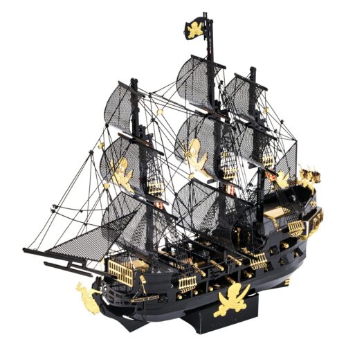 Detailed model of a black pirate ship with gold accents.