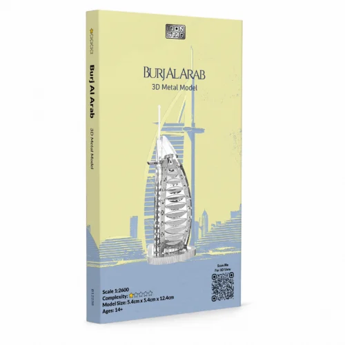 3D metal model of Burj Al Arab in packaging.
