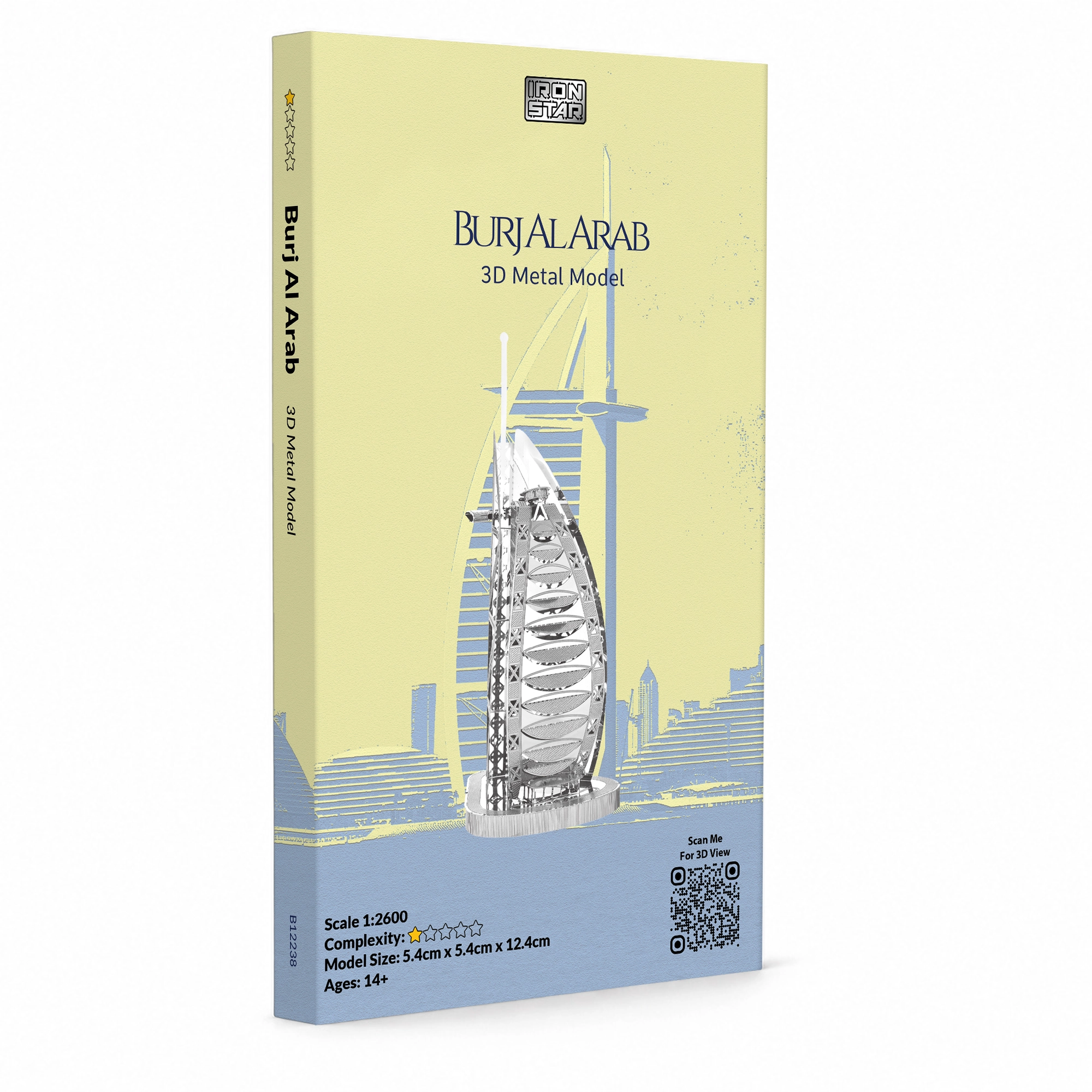 3D metal model of Burj Al Arab in packaging.