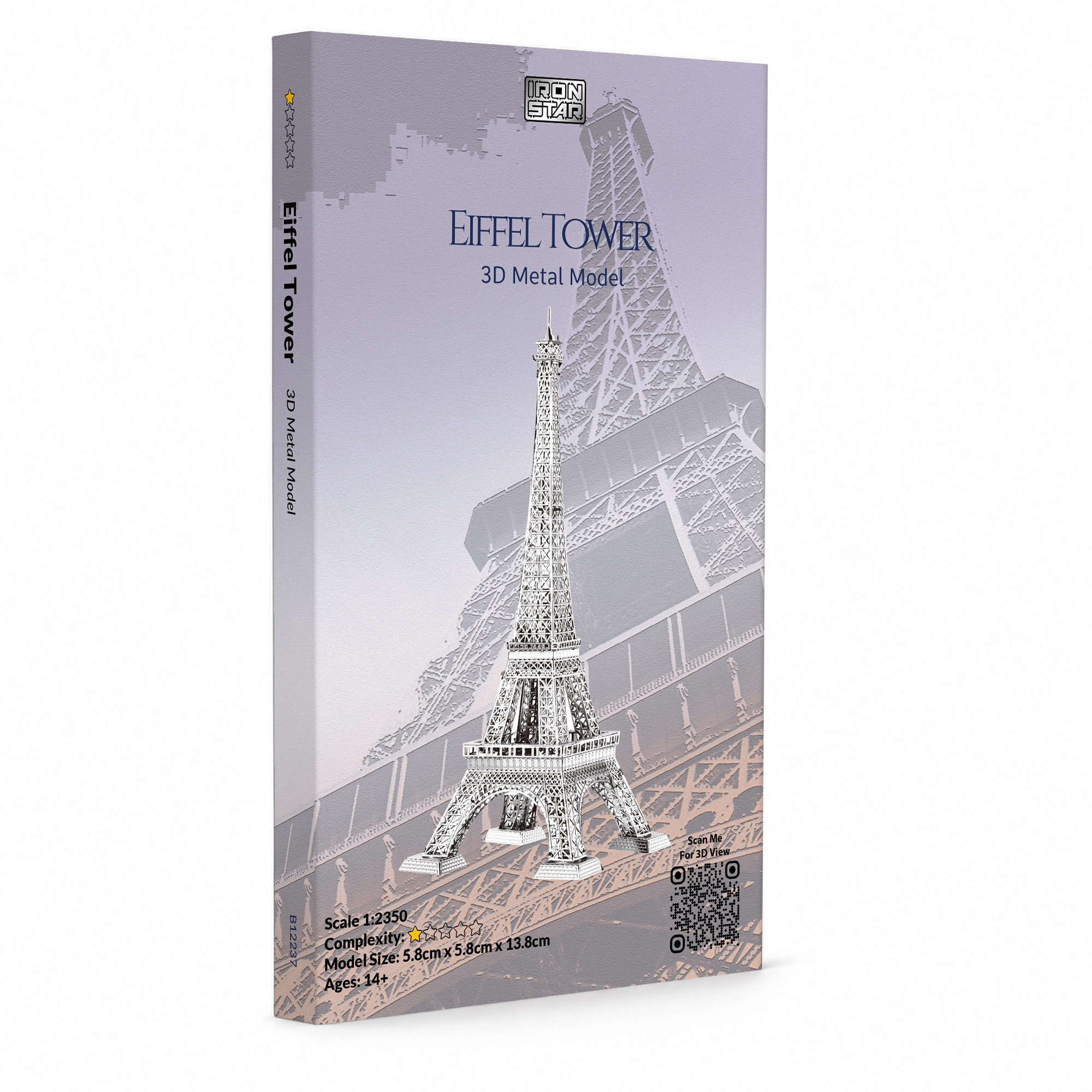 3D metal model of the Eiffel Tower displayed on packaging