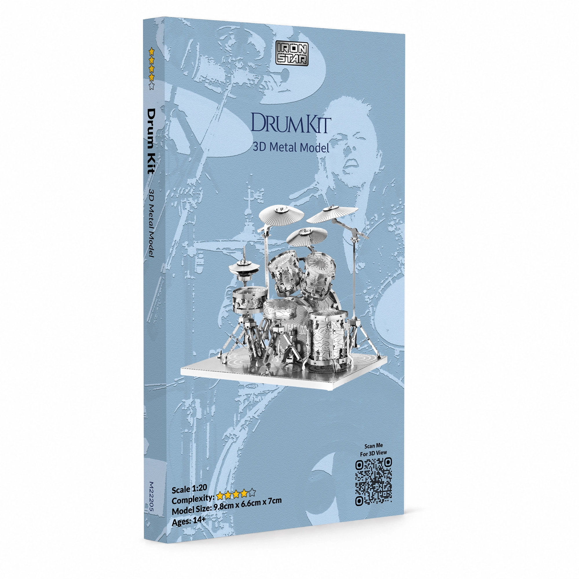 Detailed metal model of a drum kit.
