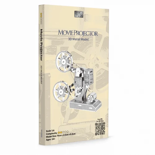 3D metal model of a movie projector with film reels