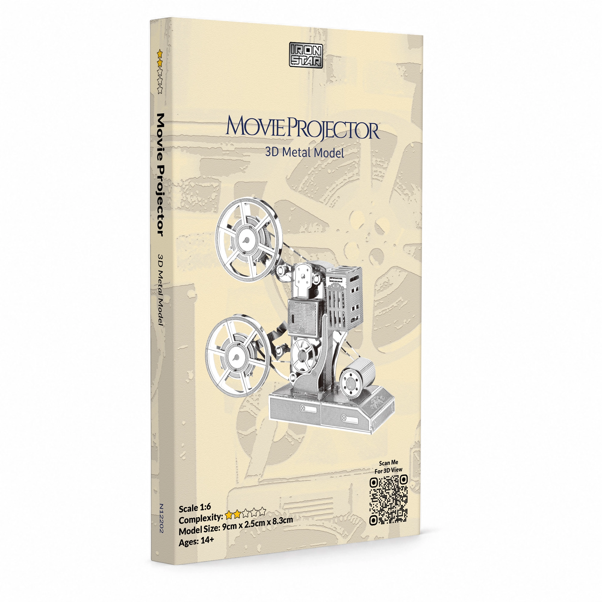 3D metal model of a movie projector with film reels