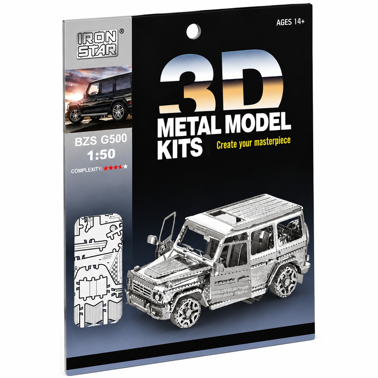 3D metal model kit of a vehicle, suitable for ages 14 and up.