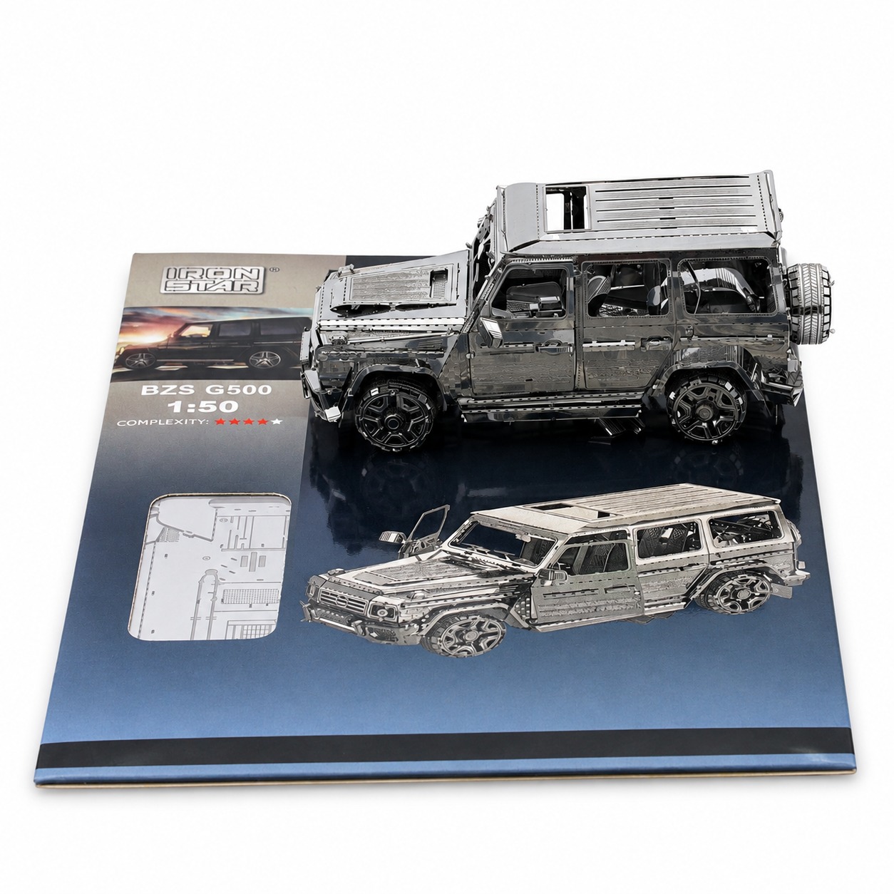 Metal model of a BZS G500 vehicle on a display box