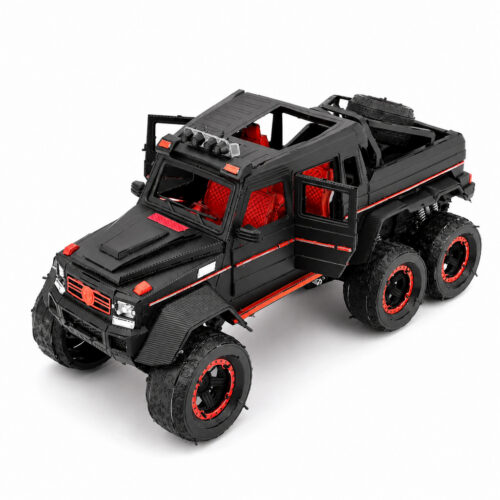 A detailed black and red six-wheeled truck with an open top and sporty design.