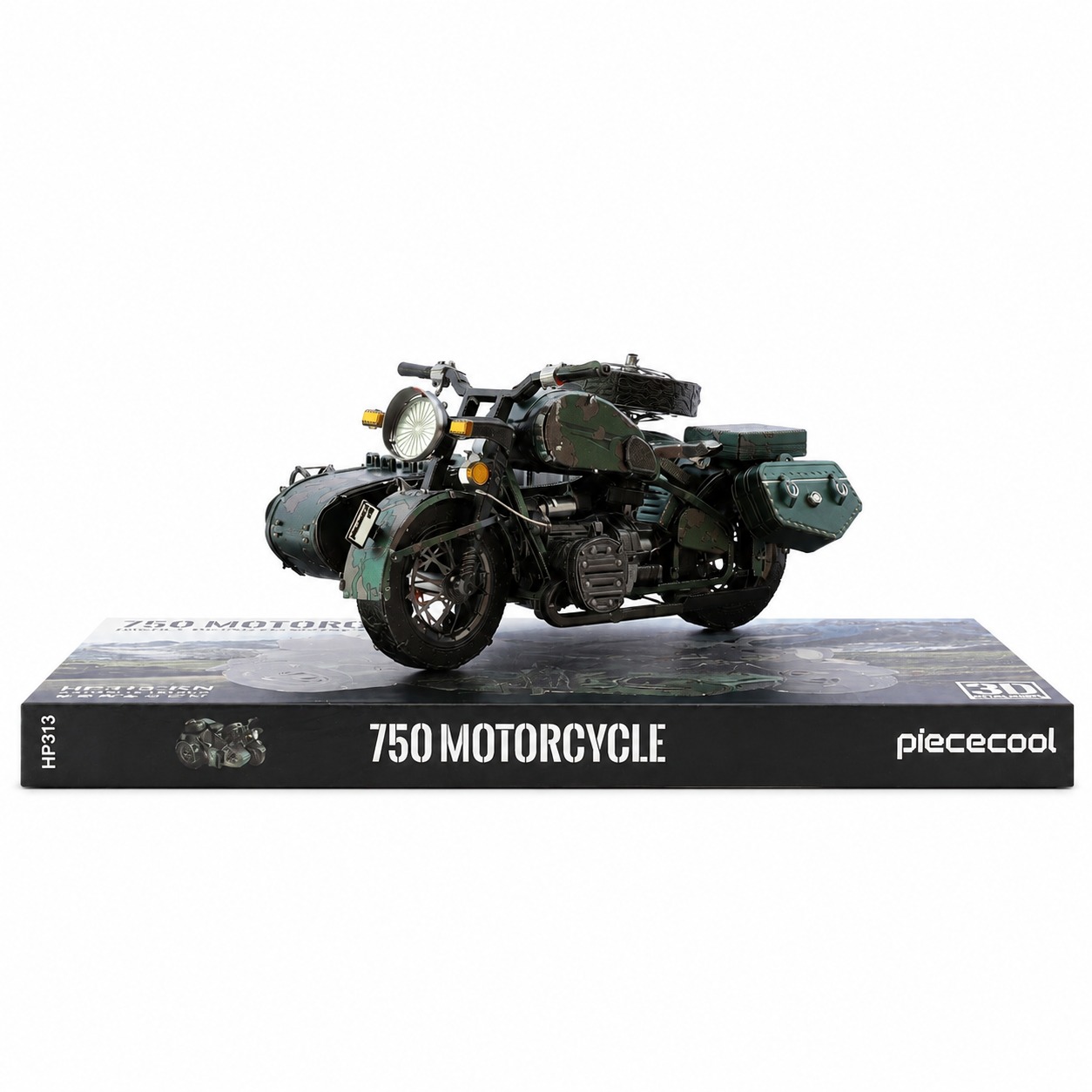 Detailed model of a military-style motorcycle with sidecar.