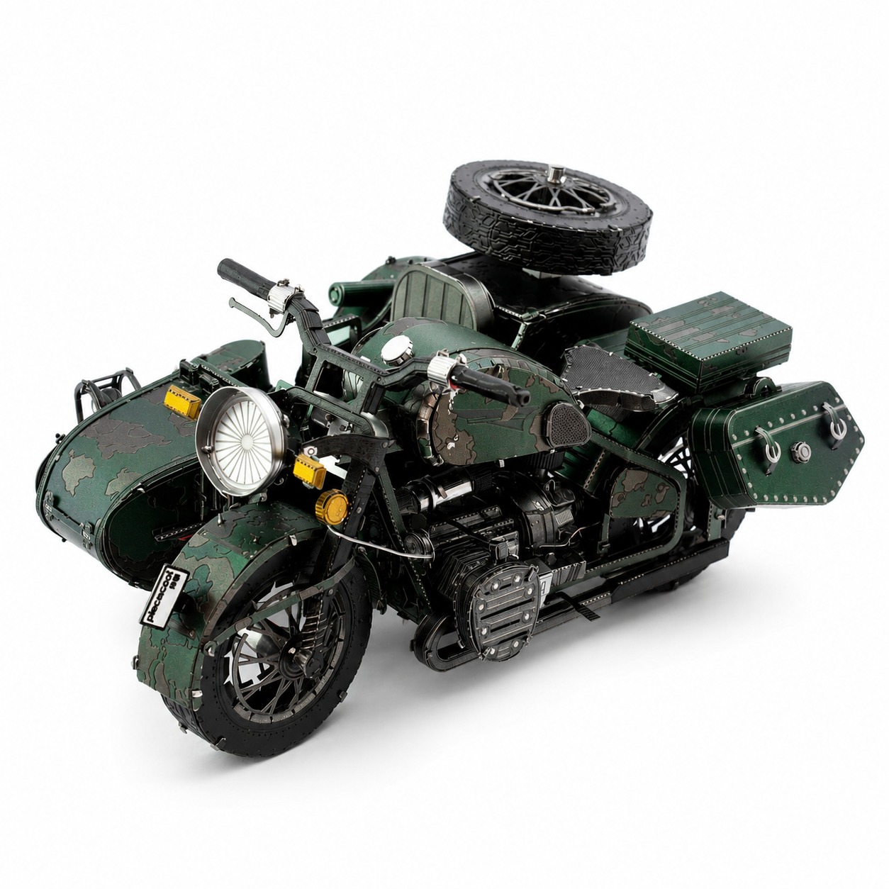 A detailed model of a green camouflage motorcycle with sidecar and spare tire.