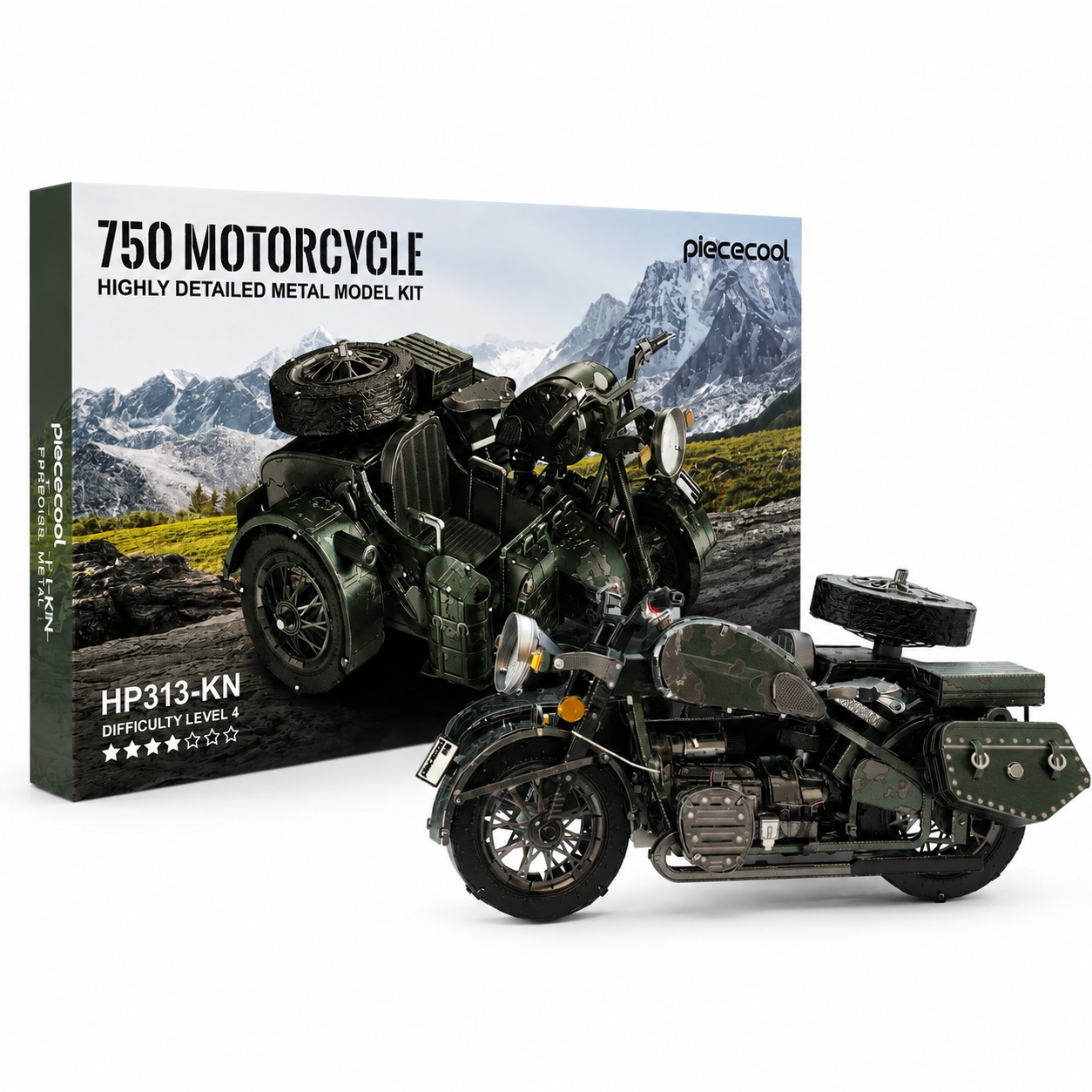 Detailed model kit of a 750 motorcycle with sidecar and camouflage design.
