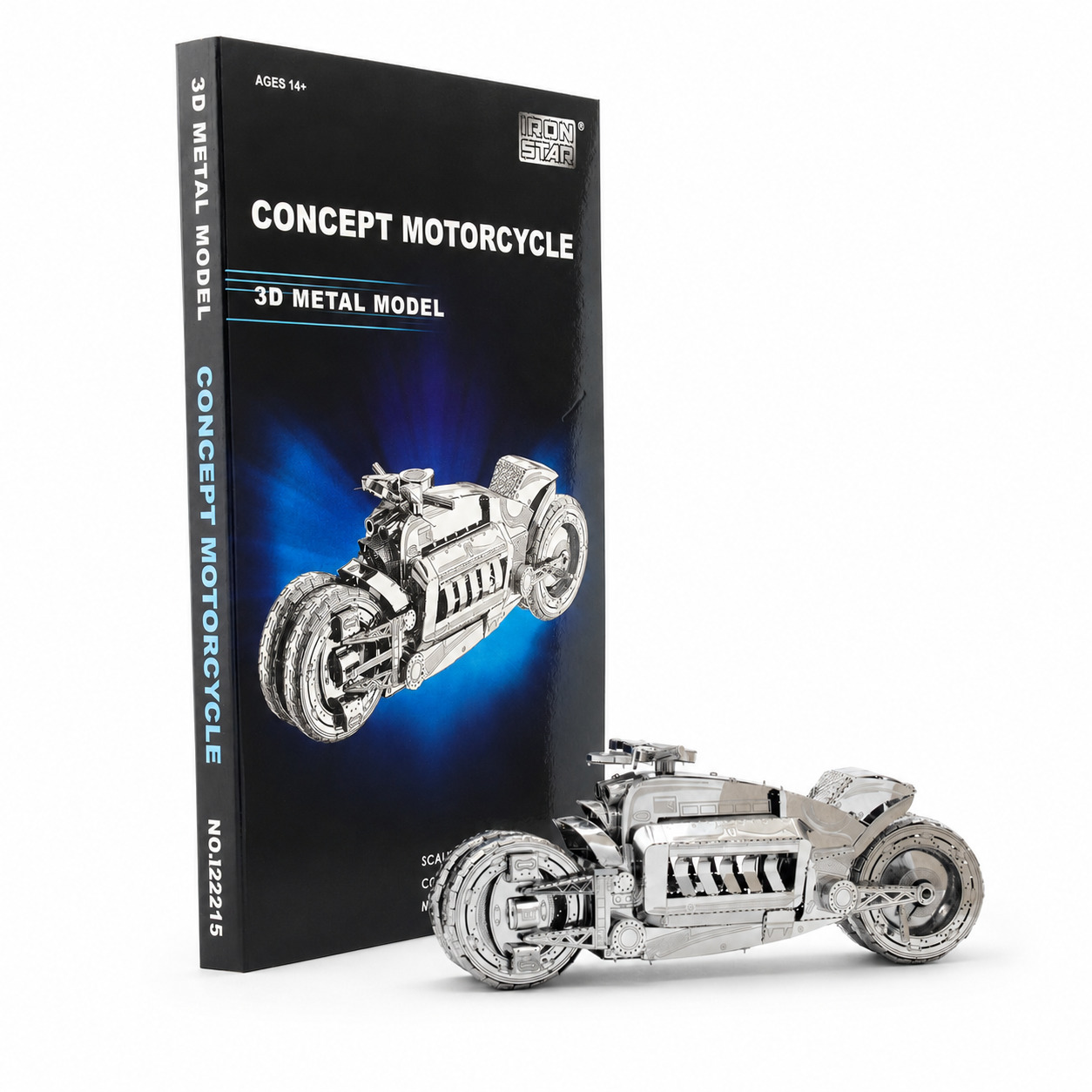 3D metal model of a concept motorcycle next to its packaging.
