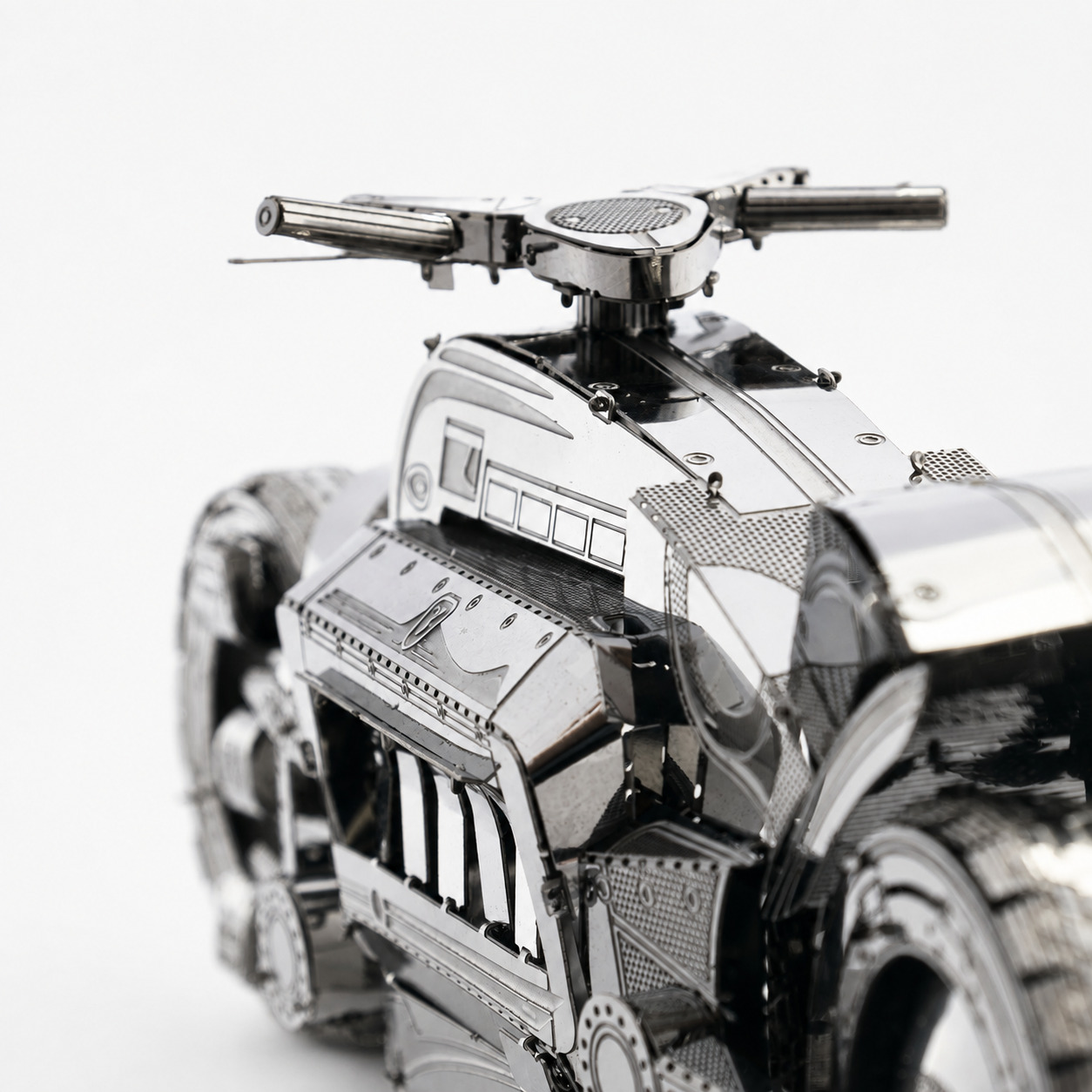 Close-up of a detailed metal model motorcycle