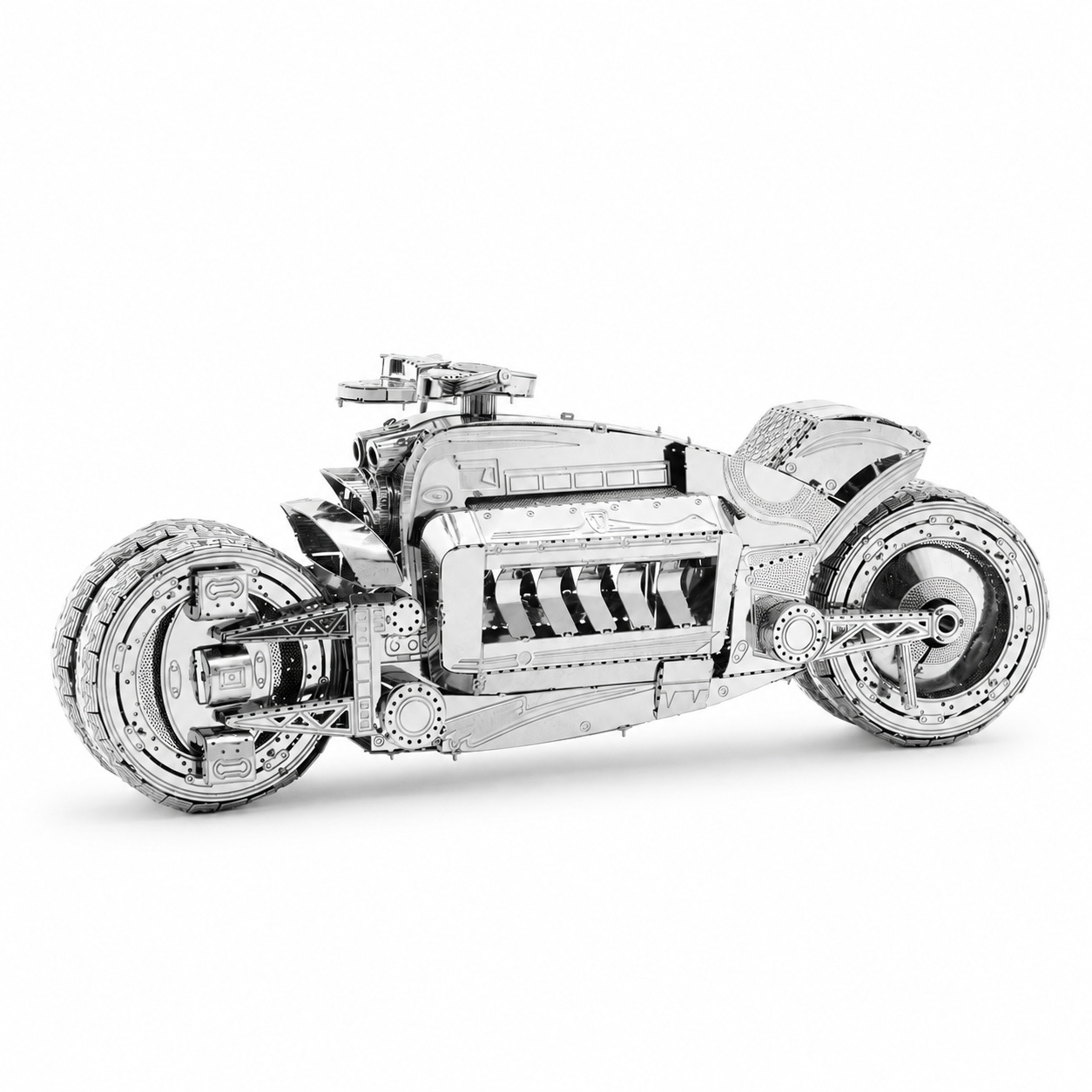 Sleek chrome motorcycle sculpture with intricate design details