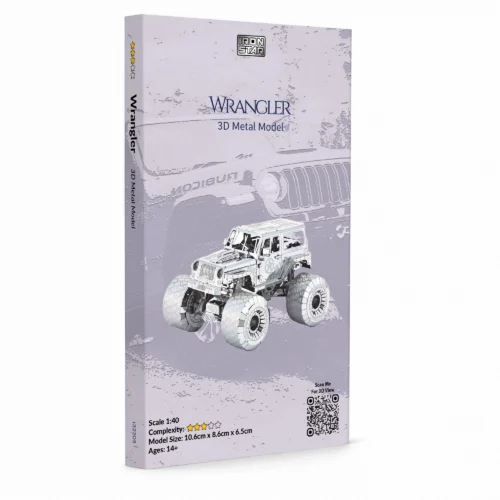 3D metal model of a Wrangler vehicle displayed on packaging.