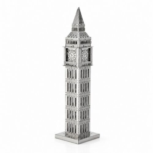 Detailed metallic model of a clock tower with intricate designs.