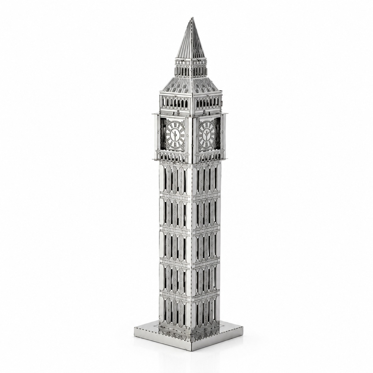 Detailed metallic model of a clock tower with intricate designs.