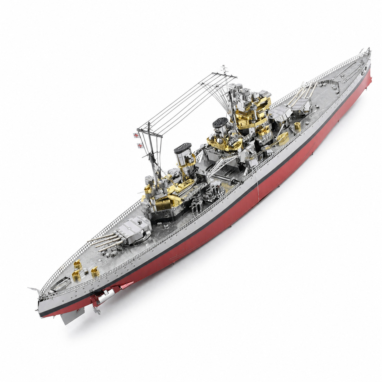Detailed model of a battleship with gold and silver accents.