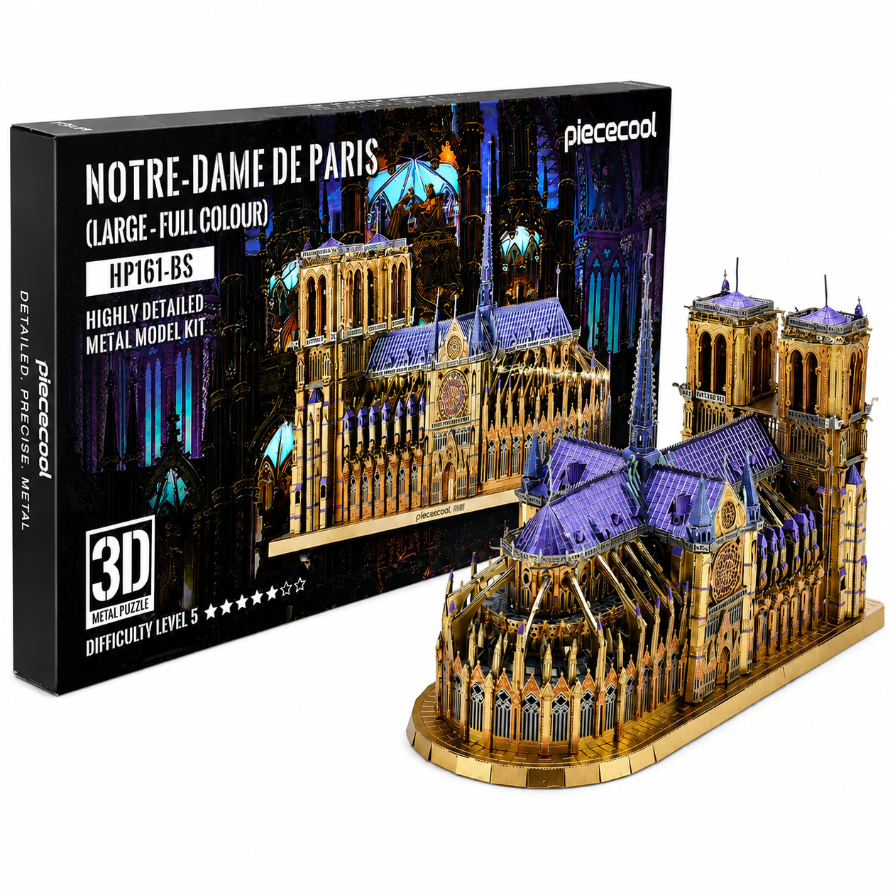 Detailed metal model kit of Notre-Dame de Paris in vibrant colors.