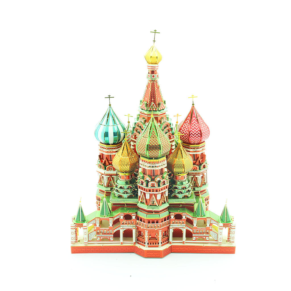 Detailed model of Saint Basil's Cathedral, featuring colorful domes and intricate architecture.