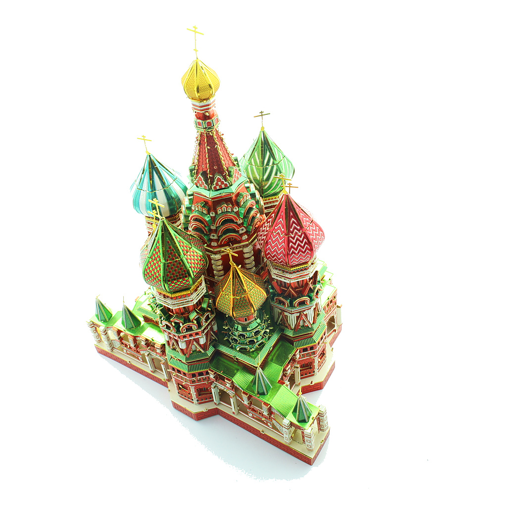 Colorful model of Saint Basil's Cathedral with intricate domes and details.