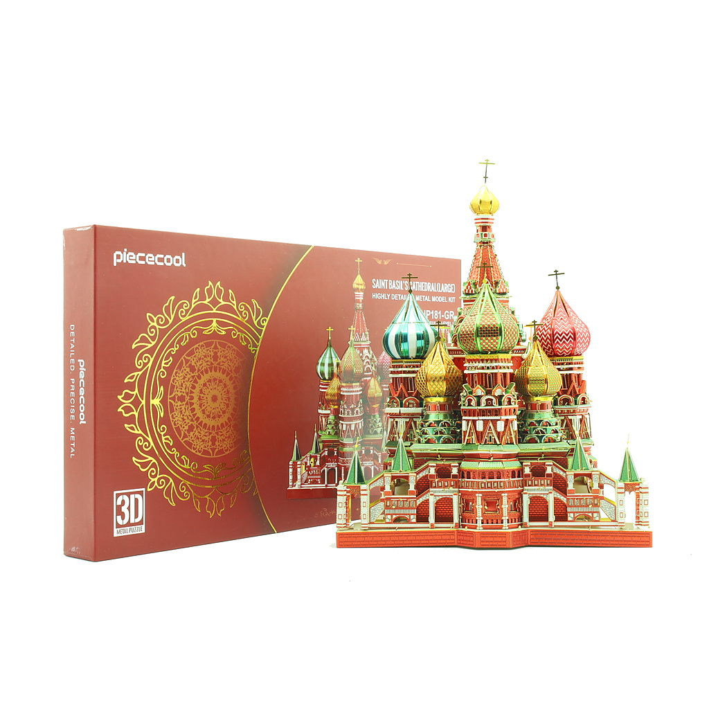 Highly detailed metal model of Saint Basil's Cathedral with colorful domes.