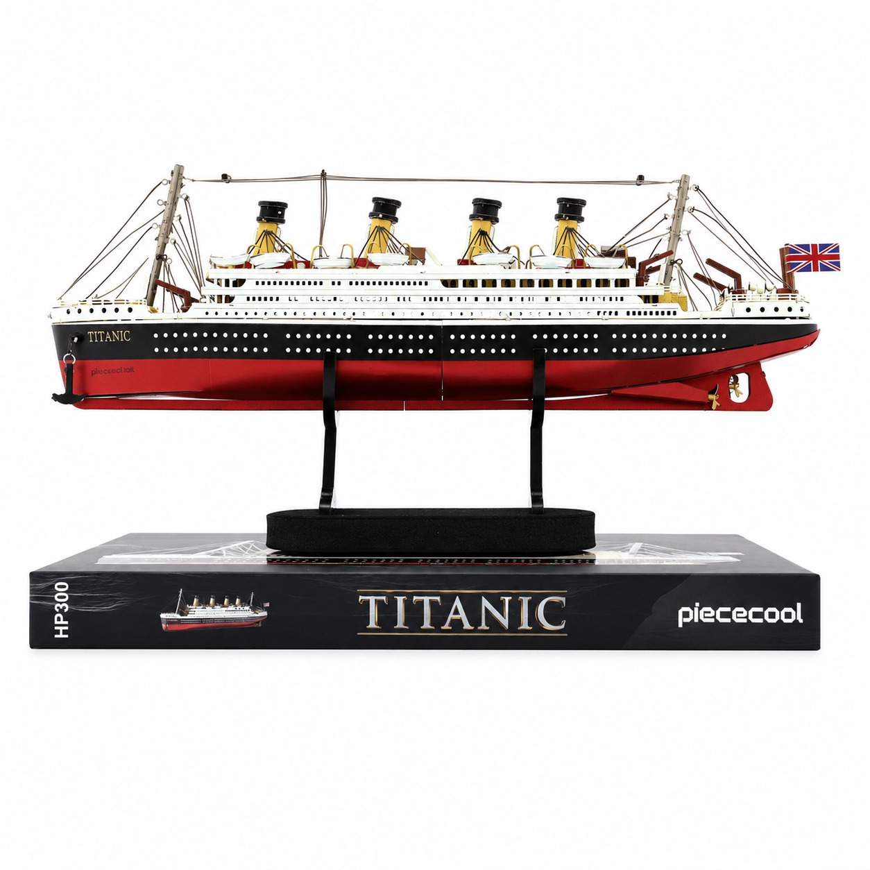 Model of the Titanic ship displayed on a stand