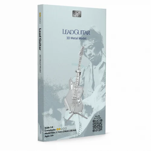 3D metal model of a lead guitar on a blue background