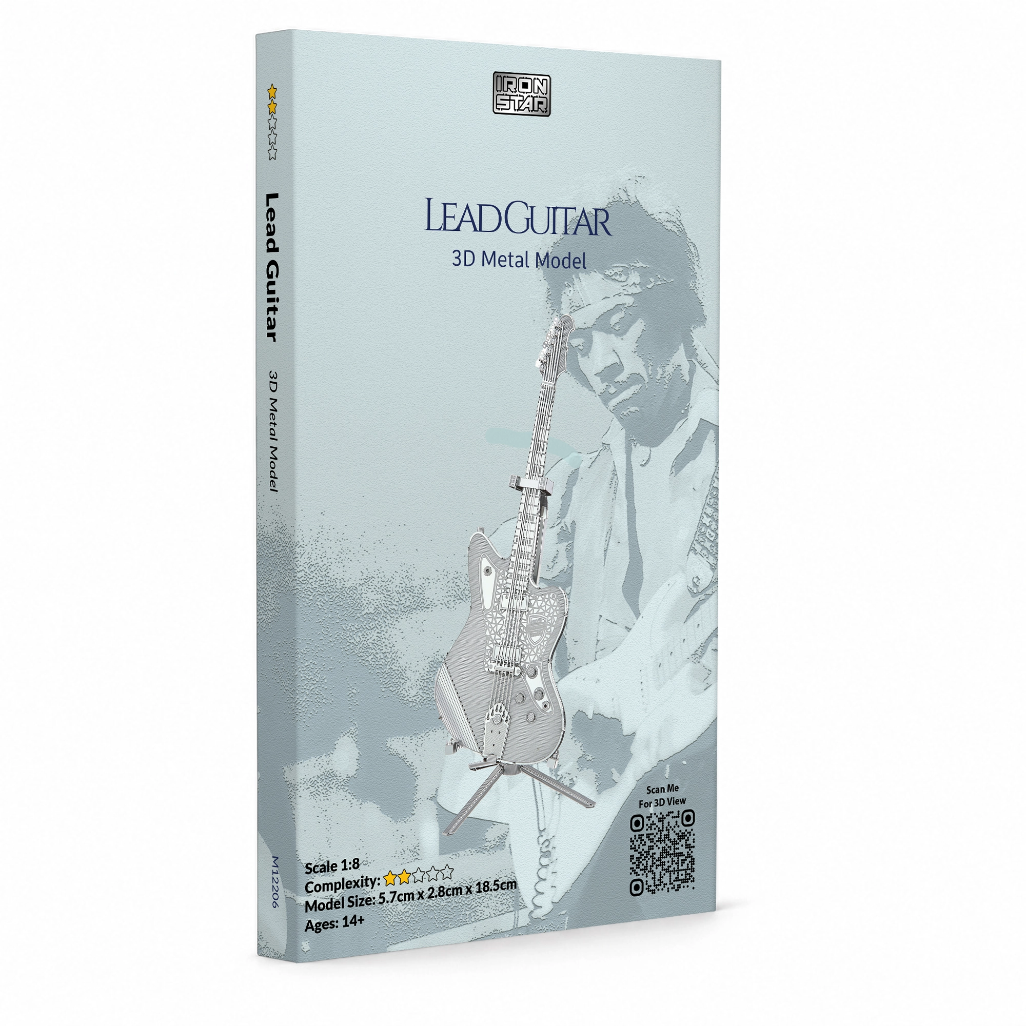 3D metal model of a lead guitar on a blue background