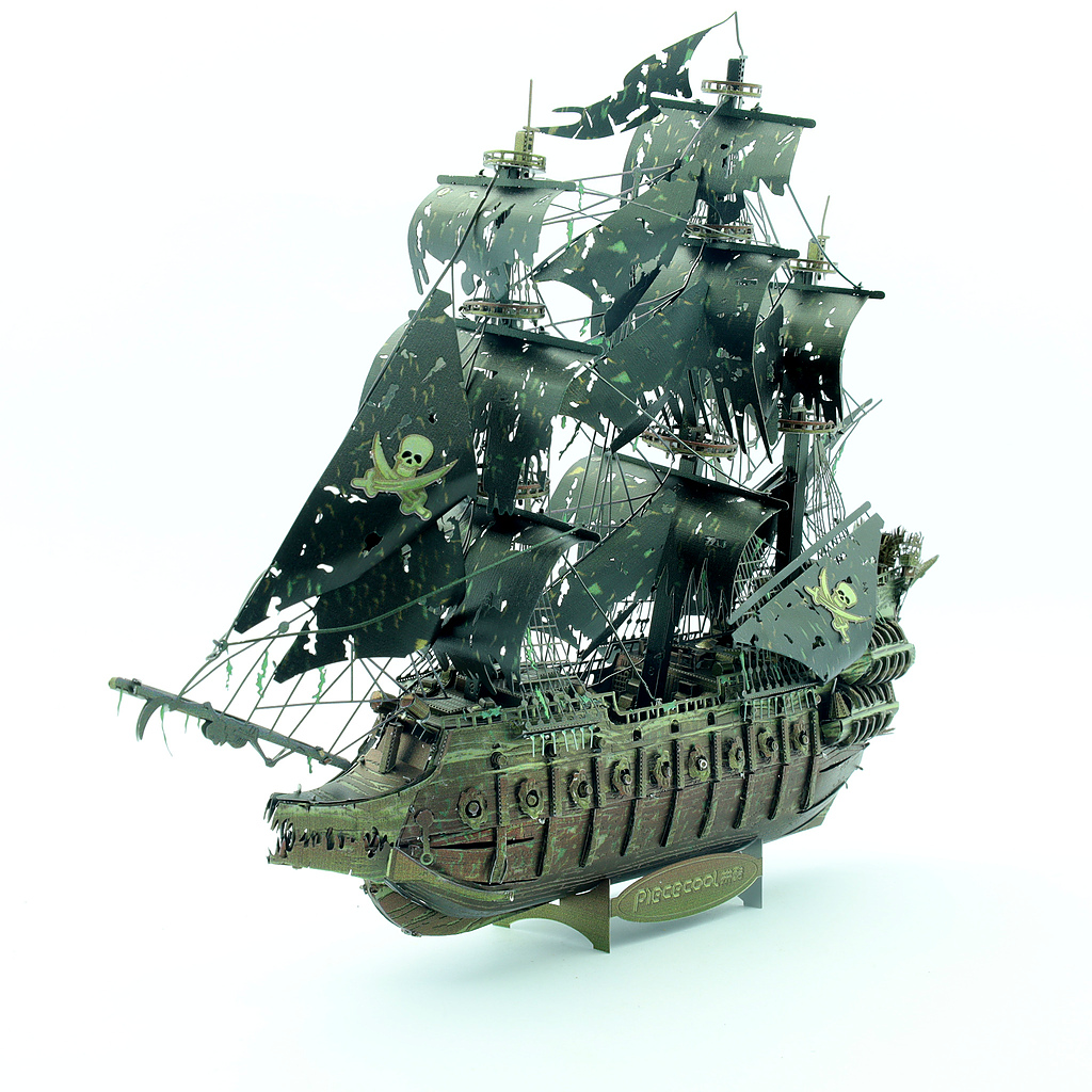 Large model of the Flying Dutchman pirate ship with detailed sails and skull design