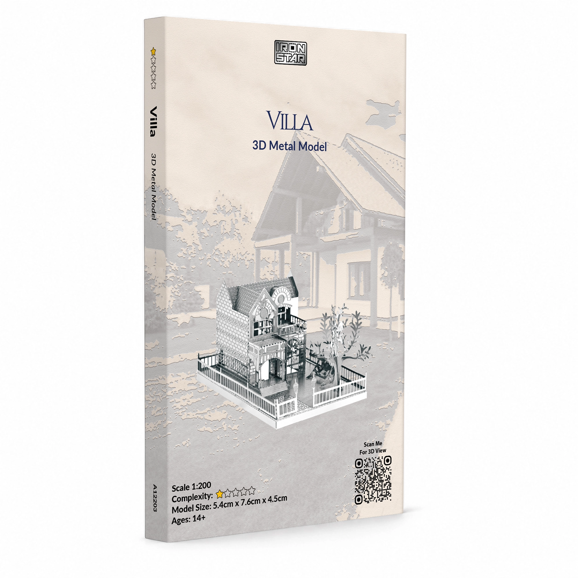 3D metal model of a villa with intricate details and decorative elements.